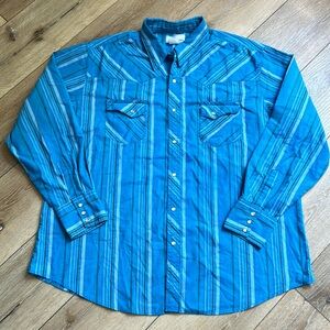 Vintage Wrangler Western Shirt Mens 2XL? Blue Striped Pearl Snap Wrancher C…